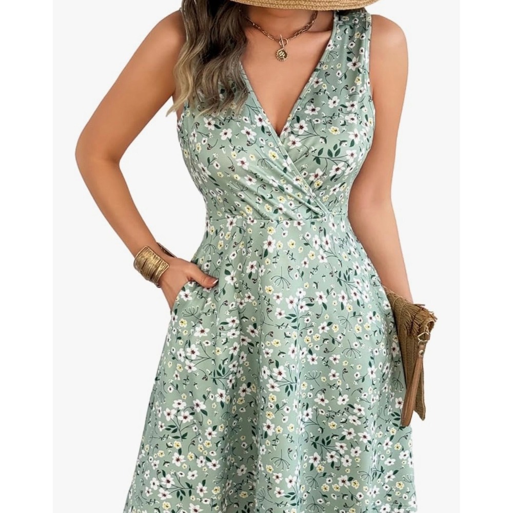 NWT HEBELD Sage Green Floral Faux Wrap Dress V-Neck Sleeveless Pockets XL